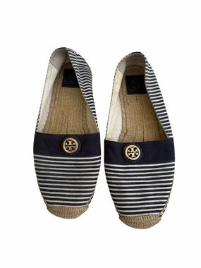 Tory Burch navy / white stripe espadrilles with gold logo